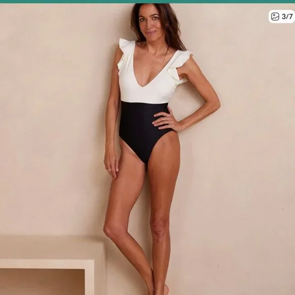 Summersalt ruffle bakflip one piece beachy, pool vacation suit black/ivory sz 14 - Picture 2 of 10